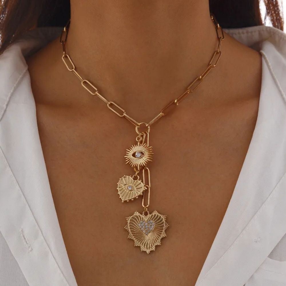 New! Gold Paperclip Drop Necklace with Evil Eye & Hearts • #1004 NWOT